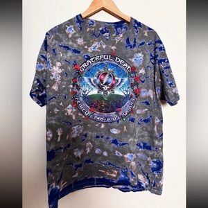 Grateful Dead 40 Years Tie Dye Liquid Blue T-Shirt Size L Skeleton Roses Y2K